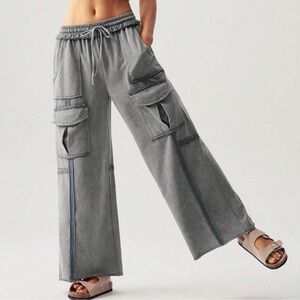 Boho Stretchy Waist Reverse Stitch Wide Leg Pants S M L XL